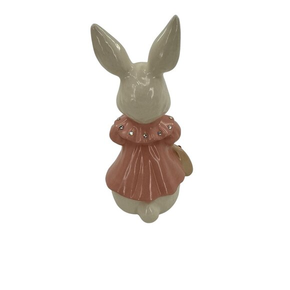 White Ceramic Bunny Anthropomorphic Figurine With Pink Dress Rhinestone‎ Accents - Picture 4 of 6
